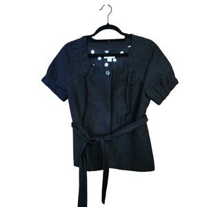 Ann Taylor Loft Womens Black Short Sleeve Button-Front Belted Top Size 8